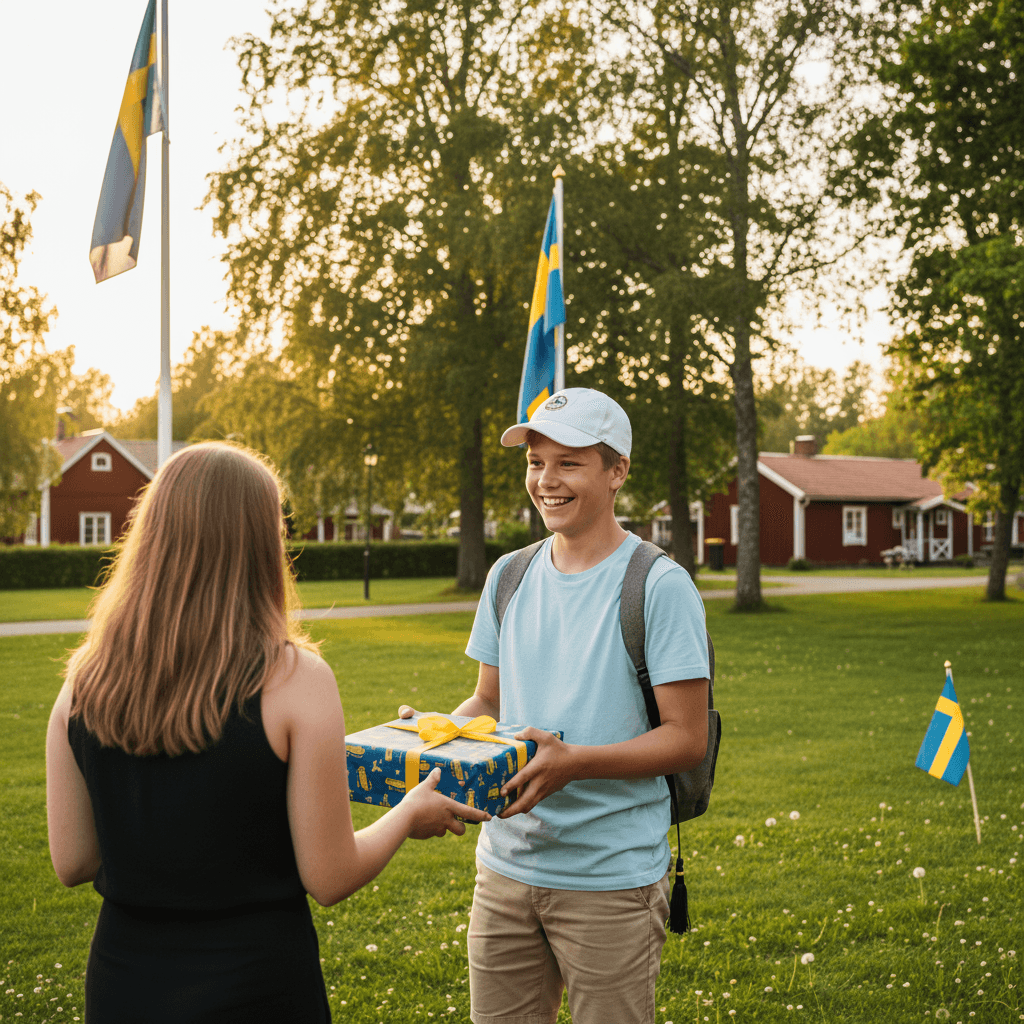 student with white cap receiving gift outdoors, summer light, Swedish flags