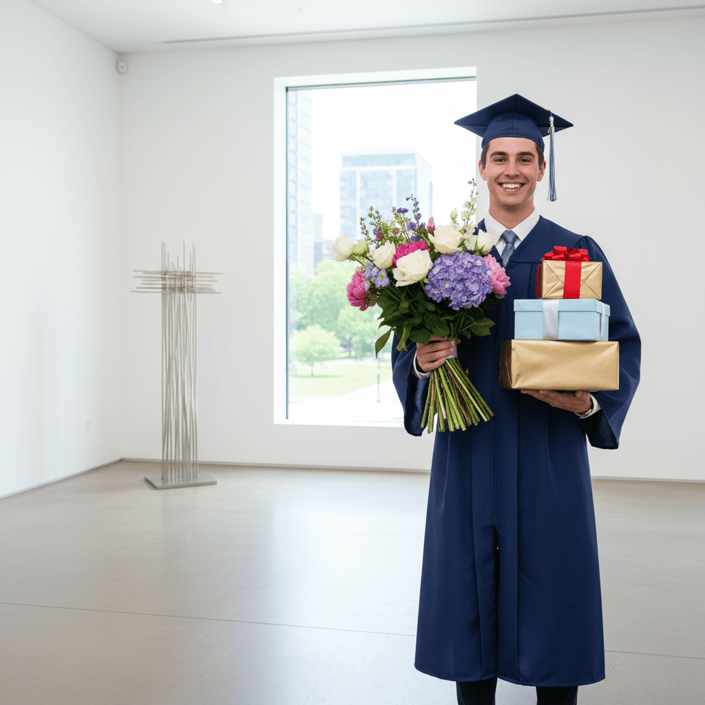 young adult in graduation gown with flowers and gifts, minimal modern backdrop