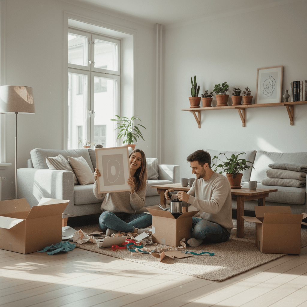 couple unpacking gifts in bright new apartment, Scandinavian interior, daylight