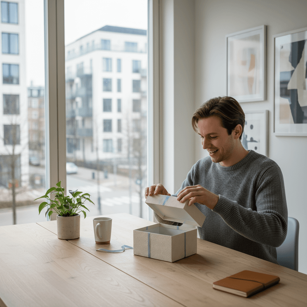 young man turning 20 opening minimalist gift box on wooden desk, daylight, Scandinavian urban vibe