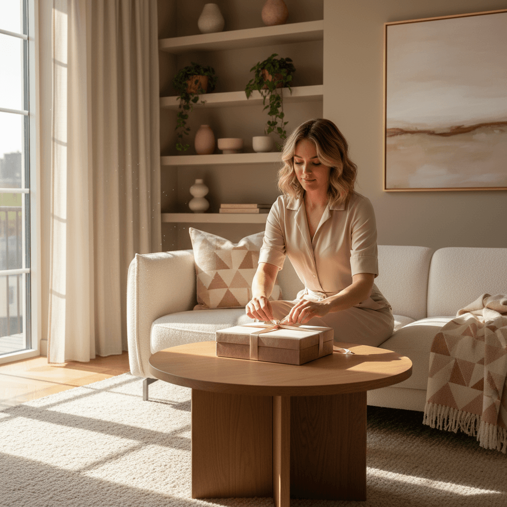 25-year-old woman unwrapping elegant jewelry box in modern Scandinavian living room, warm sunlight, beige and soft pink tones