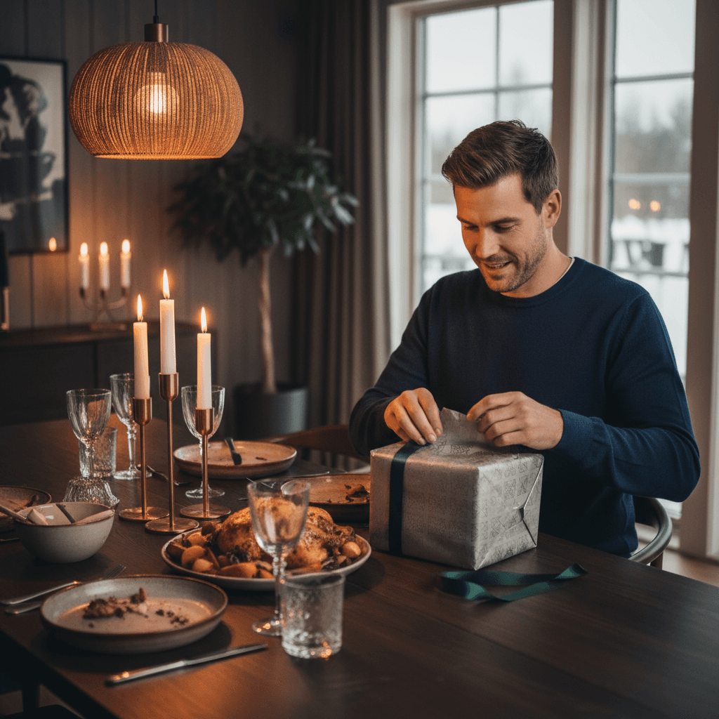 man in his early 30s opening elegant wrapped gift at dinner table, warm Scandinavian lighting, dark wood tones