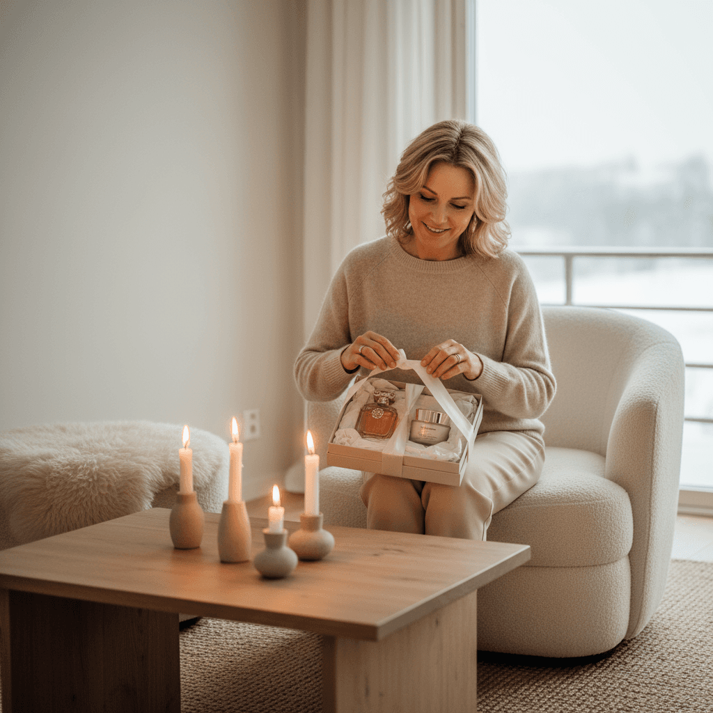 woman in her 40s receiving luxurious skincare or perfume gift in calm Scandinavian interior, candlelight, beige palette