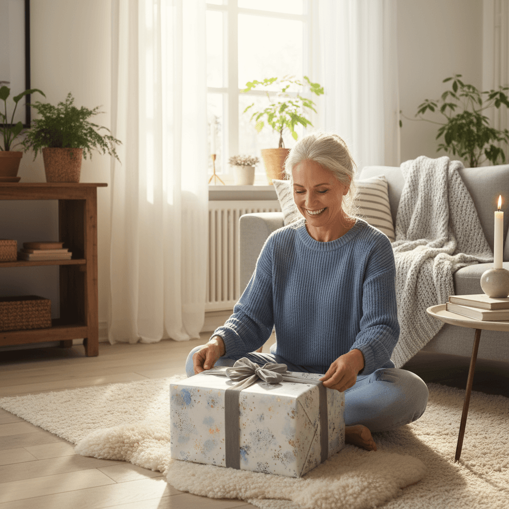 woman in her 50s smiling while opening beautifully wrapped gift, soft natural light, cozy Scandinavian home