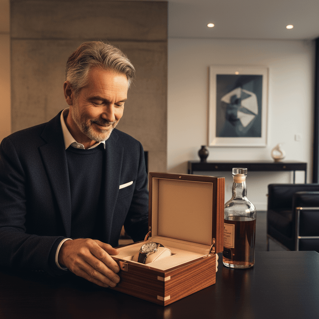 man in his 50s opening luxury watch box or fine bottle, warm ambient lighting, dark Scandinavian background