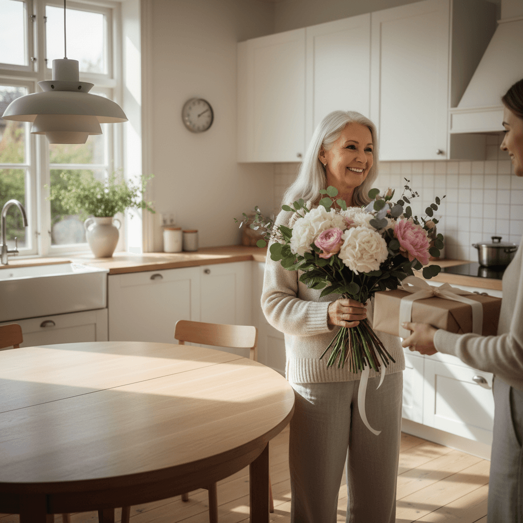 older woman in her 60s receiving flower bouquet and gift in sunlit Scandinavian kitchen, serene and warm atmosphere