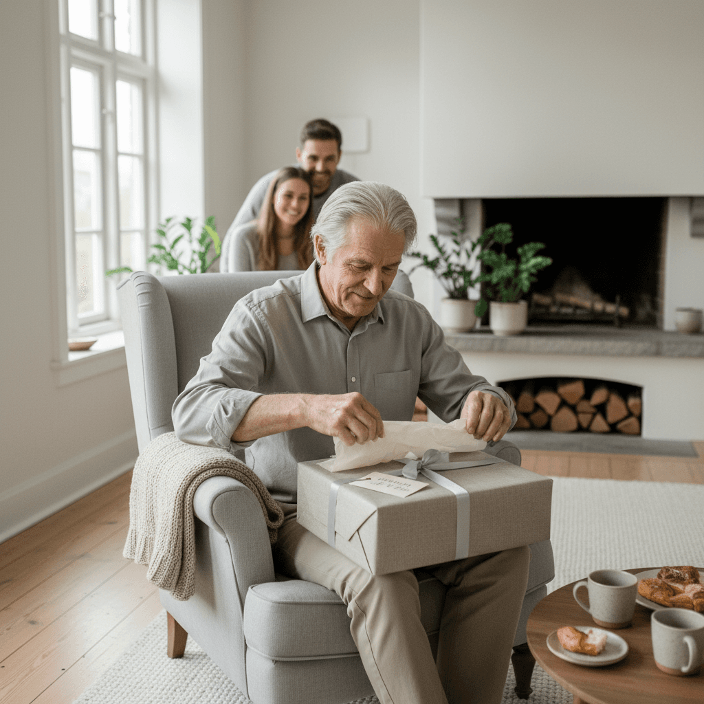 older man in his 60s unwrapping elegant gift from family, natural daylight, cozy neutral Scandinavian home