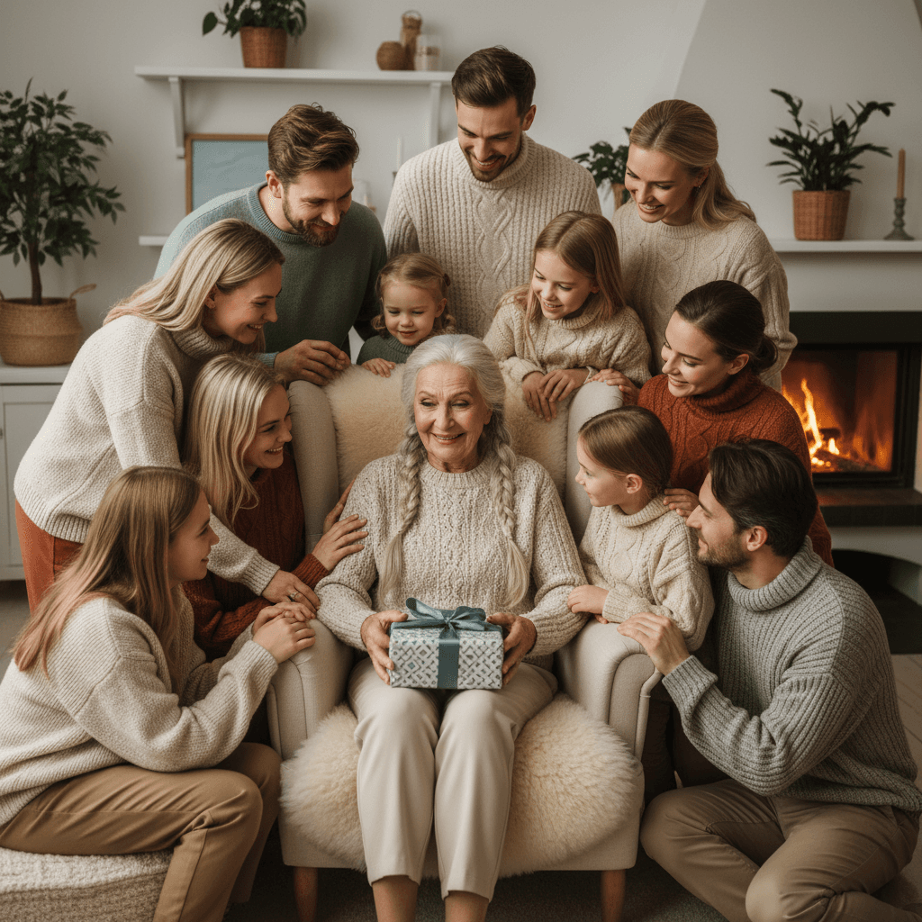 elderly woman surrounded by family, holding gift box, warm Scandinavian tones, emotional moment