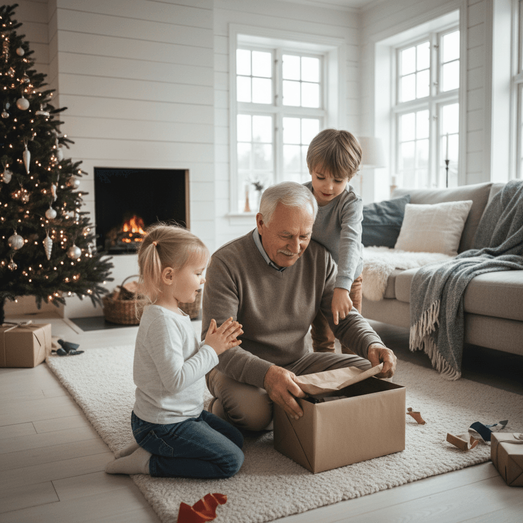 elderly man opening gift with grandchildren nearby, daylight, cozy Scandinavian home, emotional tone