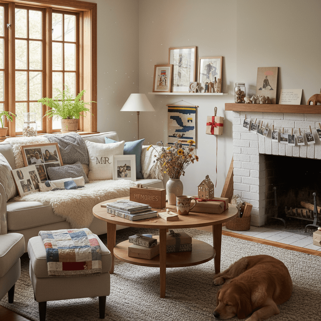 A cozy Scandinavian living room decorated with personal gifts, sunlight streaming through the window, displaying heartfelt presents and memories.
