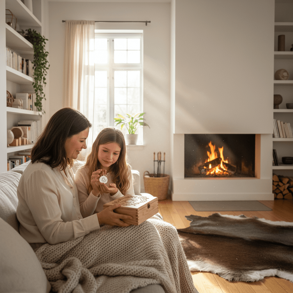 A heartfelt moment between a mother and daughter sharing a personalized gift in a cozy Scandinavian living room with warm natural light.
