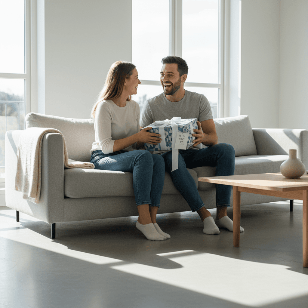 A joyful man receiving a personalized gift from his girlfriend in a bright, minimalist Scandinavian living room, morning sun shining through the window.