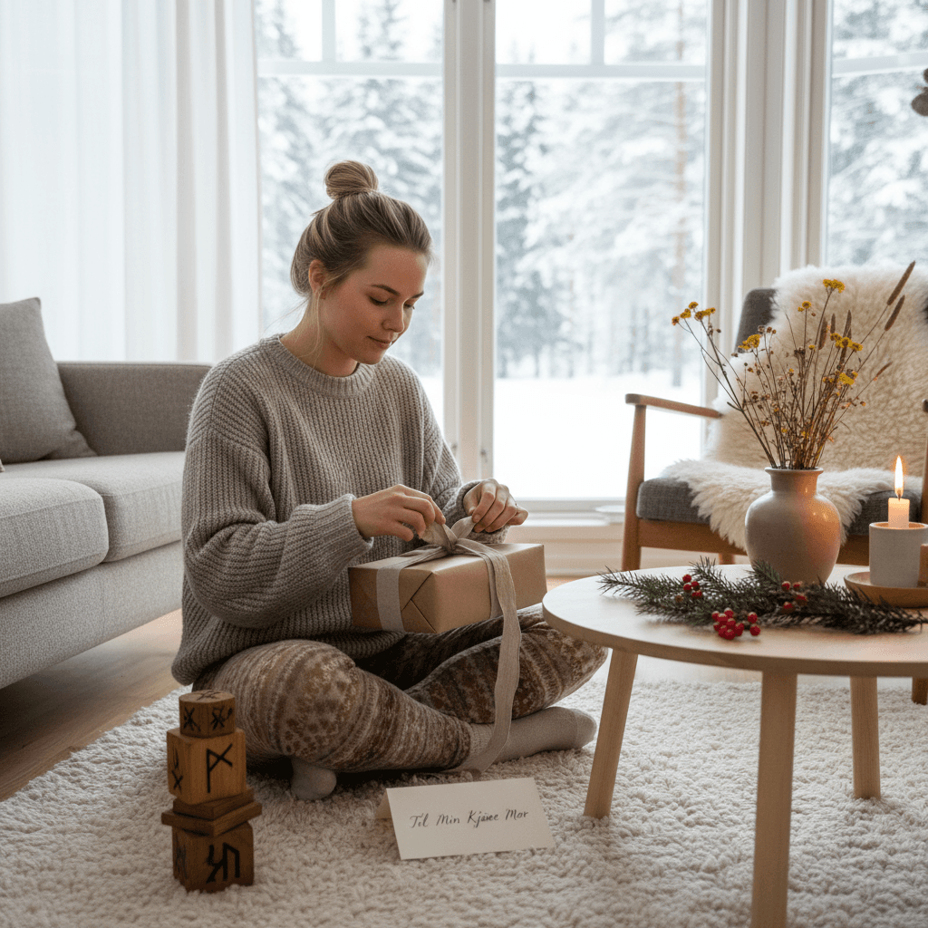 A cozy Scandinavian setting with a thoughtful daughter preparing a special gift for her mother, surrounded by natural light.