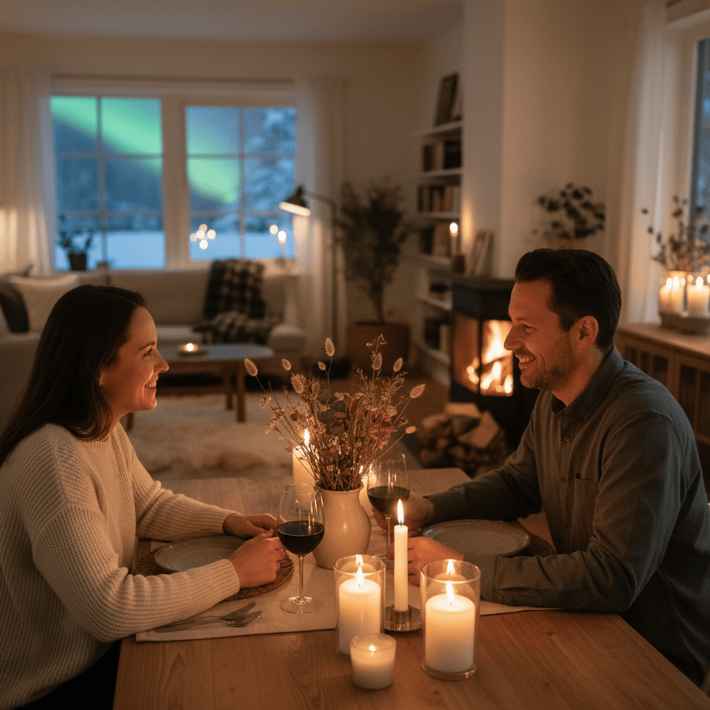 A couple enjoying a romantic dinner by candlelight in a cozy Scandinavian home, with a focus on love and connection.