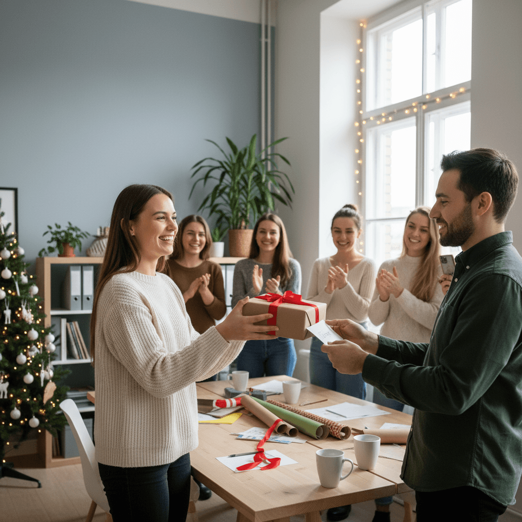 A joyful colleague receiving a thoughtful gift in an office setting, bright Scandinavian décor and natural lighting highlighting the festive atmosphere.