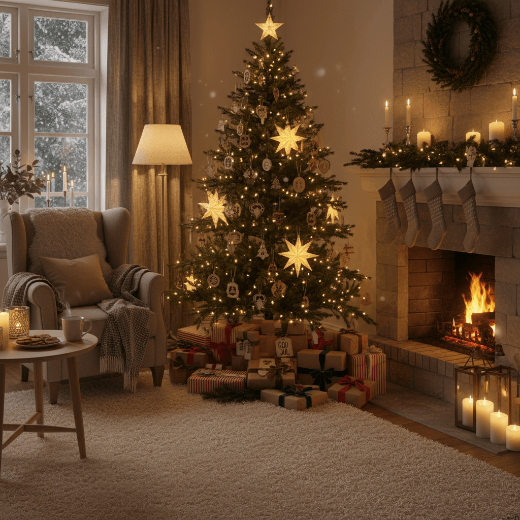 A warm and inviting Scandinavian Christmas scene featuring beautifully wrapped gifts under a tree, soft lighting and a cozy atmosphere.