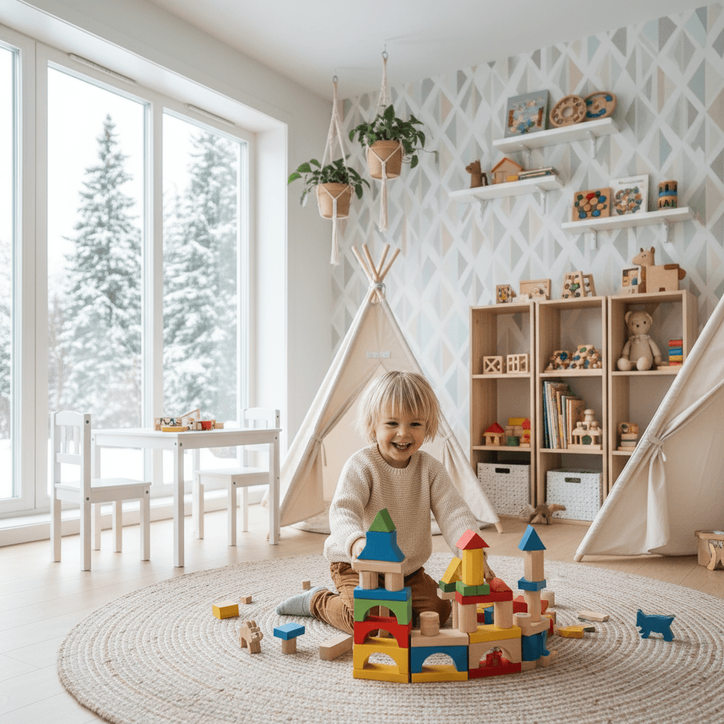 A cheerful child playing with colorful building toys in a bright Scandinavian playroom, filled with natural light.