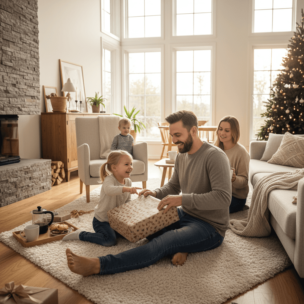 A happy father opening a gift from his family in a cozy Scandinavian living room, morning light.