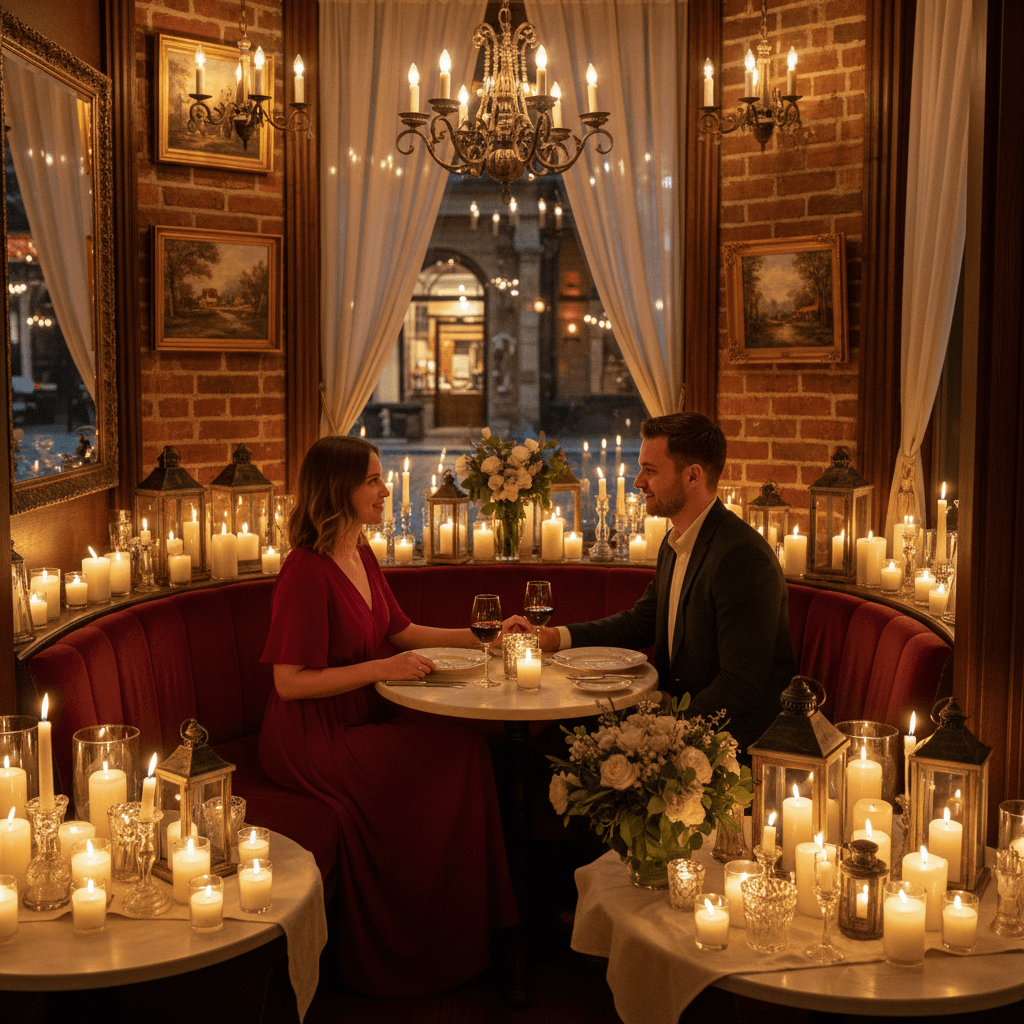 A couple enjoying a romantic dinner together, surrounded by soft candlelight in a cozy restaurant, with a warm ambiance and beautiful decor.