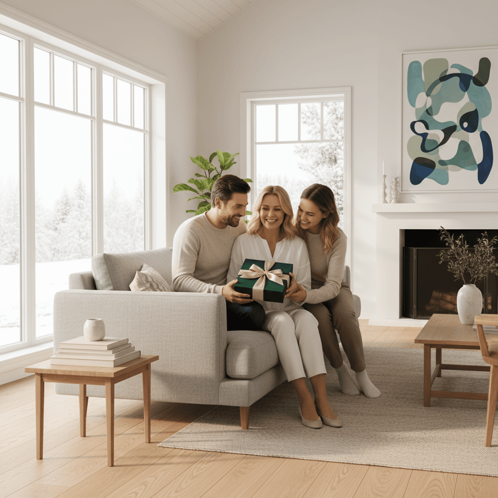 A joyful mother receiving a luxurious gift from her family in a bright Scandinavian living room filled with natural light.
