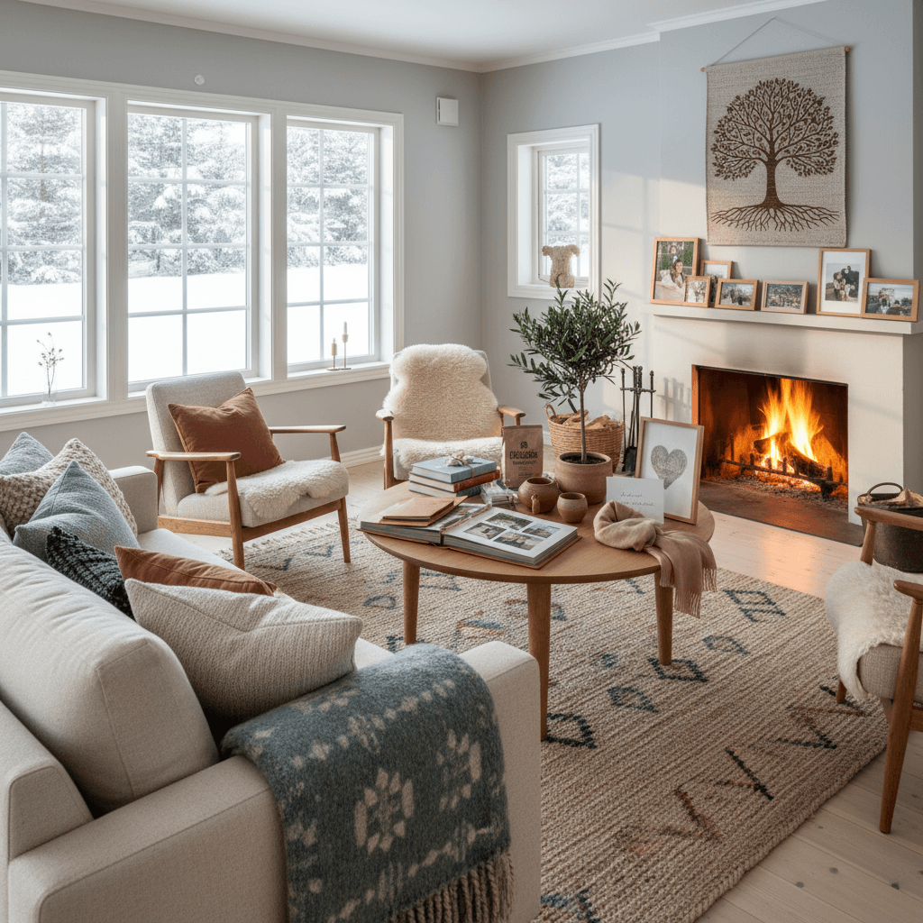 A bright Scandinavian living room with natural lighting, showcasing thoughtful gifts for a mother-in-law, emphasizing warmth and family connection.