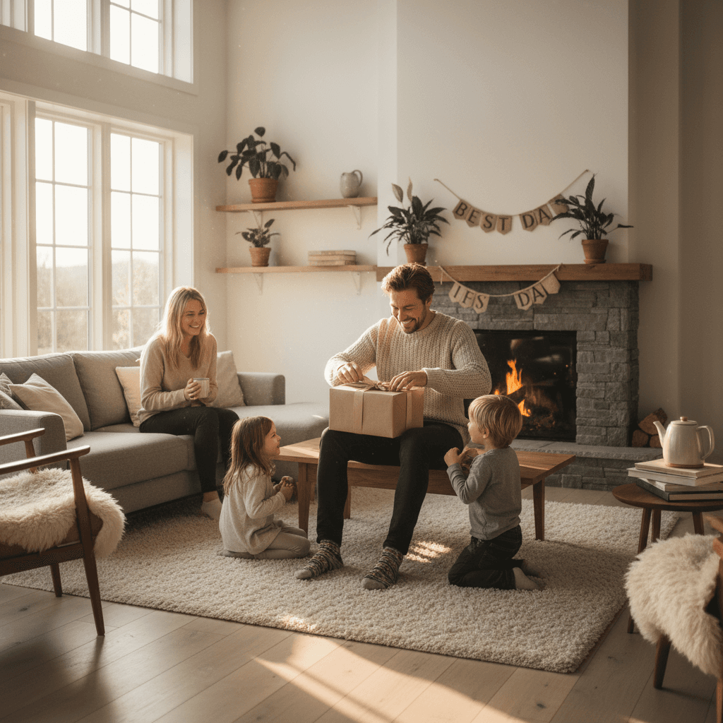 A happy father opening a gift from his family in a cozy Scandinavian living room, morning light.