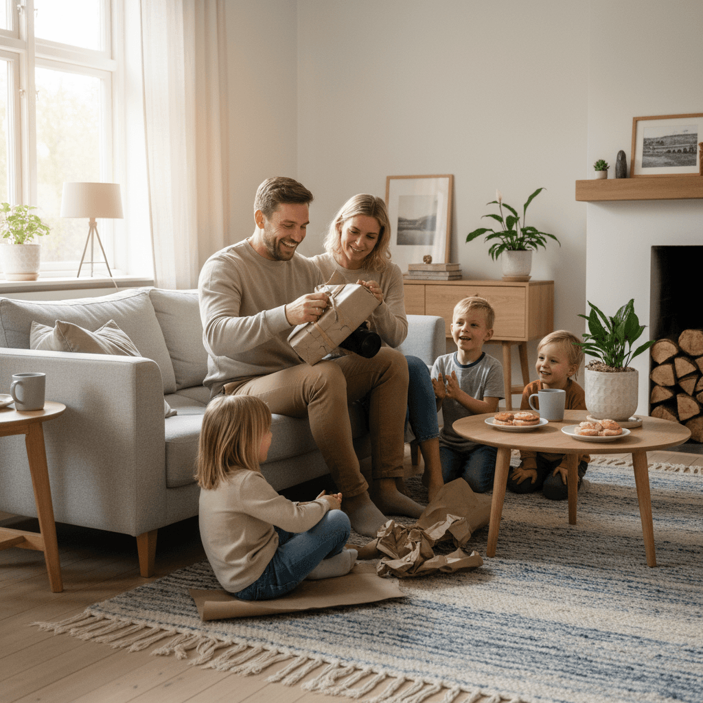 A happy father opening a gift from his family in a cozy Scandinavian living room, morning light.
