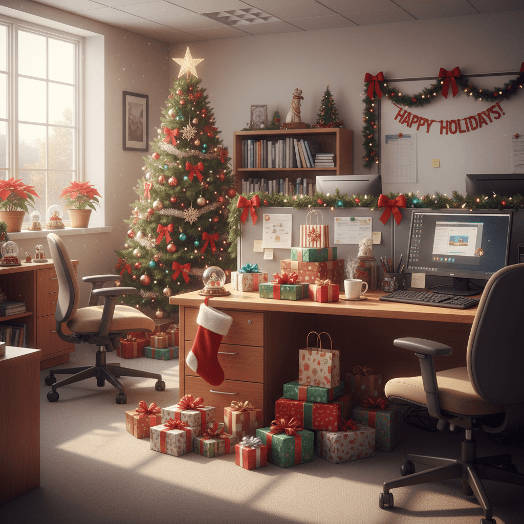 A bright office decorated with holiday spirit, featuring a collection of cheerful gifts on a wooden desk, soft natural light filtering through a window.