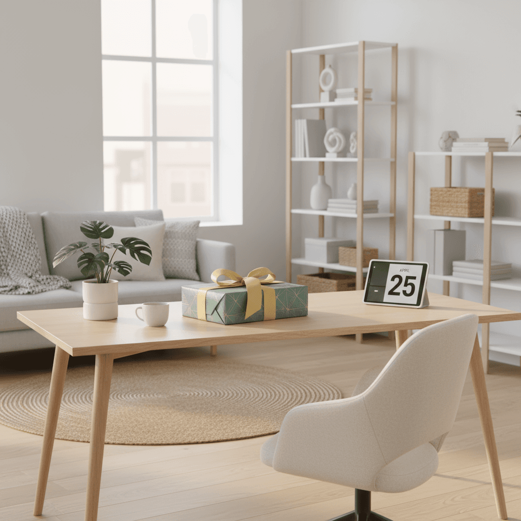A cheerful office setting with a stylish gift box on a desk, surrounded by minimalistic Scandinavian decor in natural light.