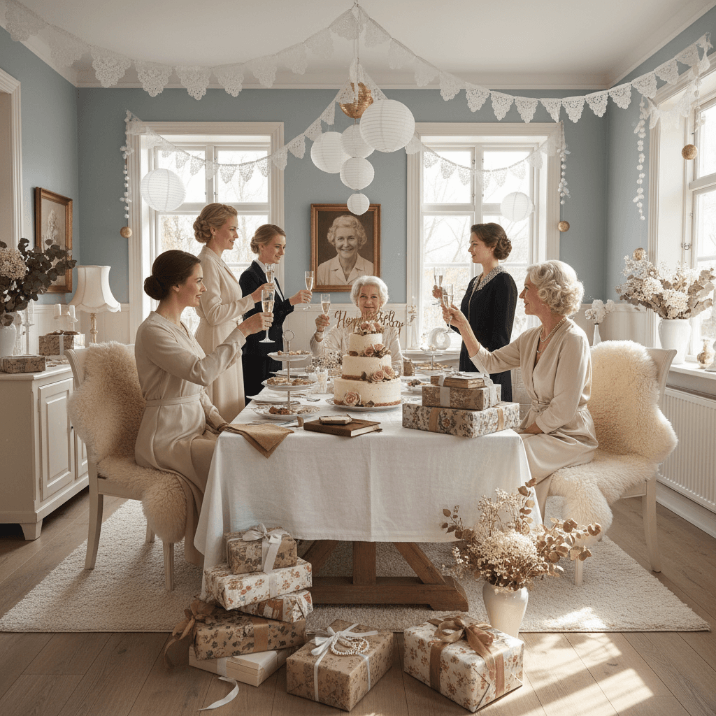 A beautiful vintage birthday celebration with elegant decorations and gifts for a beloved mother-in-law, bright natural light in a Scandinavian-style living room.