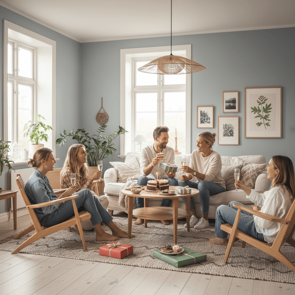 A couple enjoying a birthday celebration with friends in a cozy Scandinavian living room, bright natural lighting.