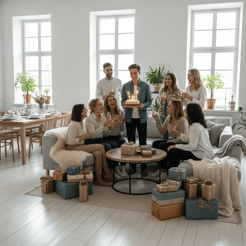 A young man celebrating his 18th birthday with friends and family, surrounded by beautiful gifts in a cozy Scandinavian setting, bright natural lighting.