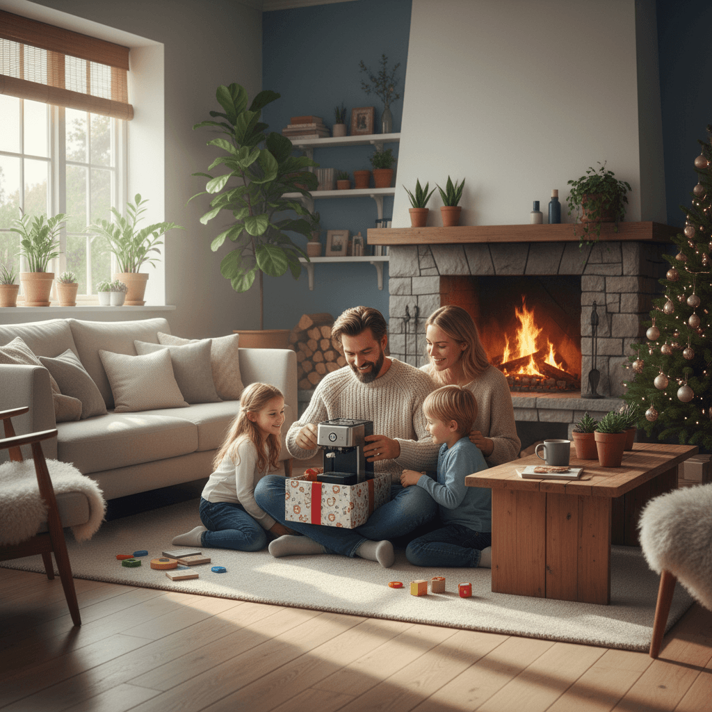 A happy father opening a gift from his family in a cozy Scandinavian living room, morning light.