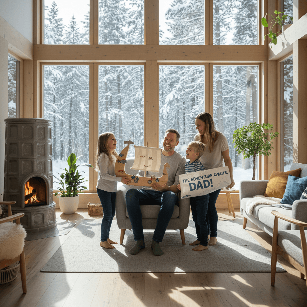 A happy father receiving a unique gift from his family in a bright Scandinavian living room filled with natural light.
