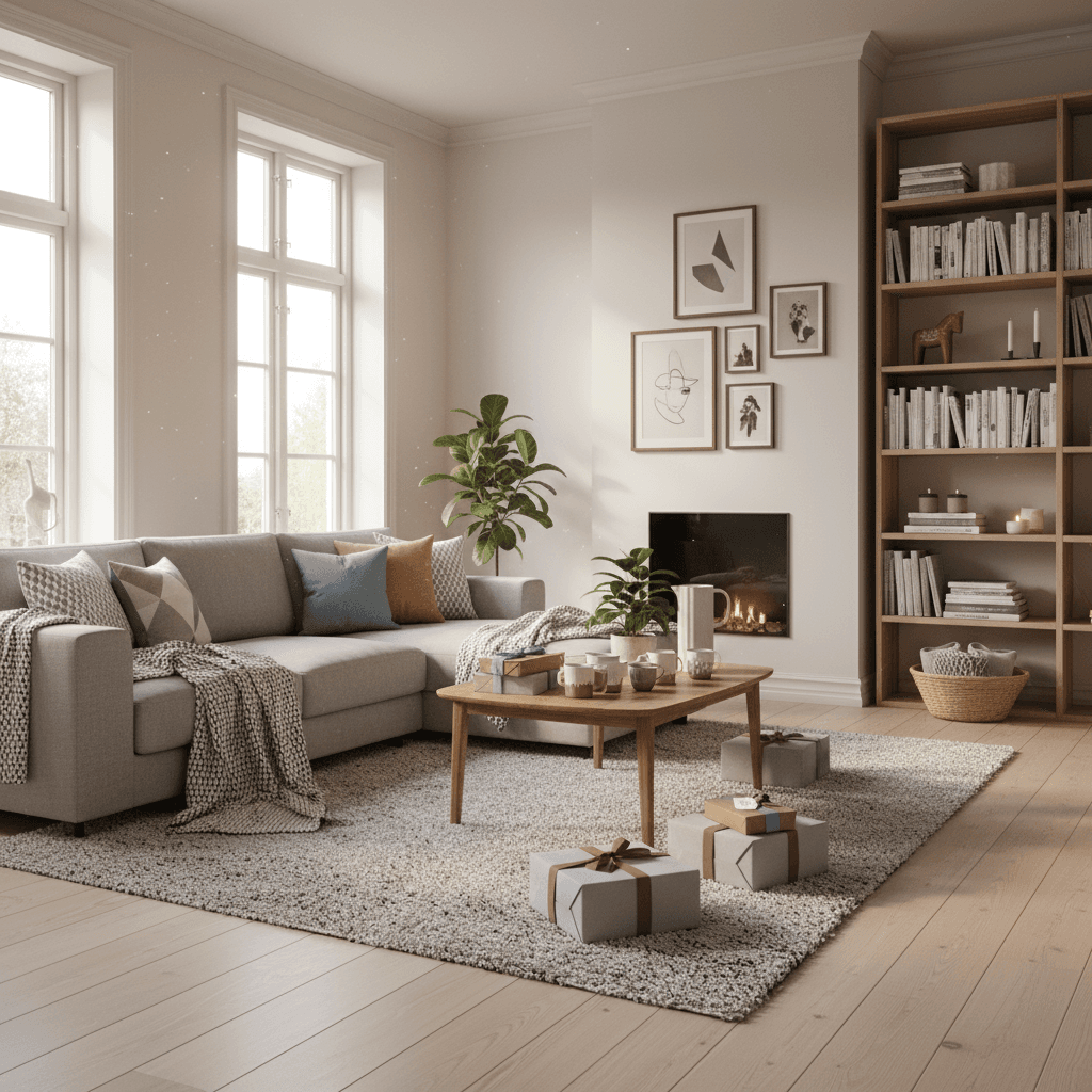 A beautifully decorated Scandinavian living room featuring personal gifts and stylish home decor, with natural light streaming in from the windows.