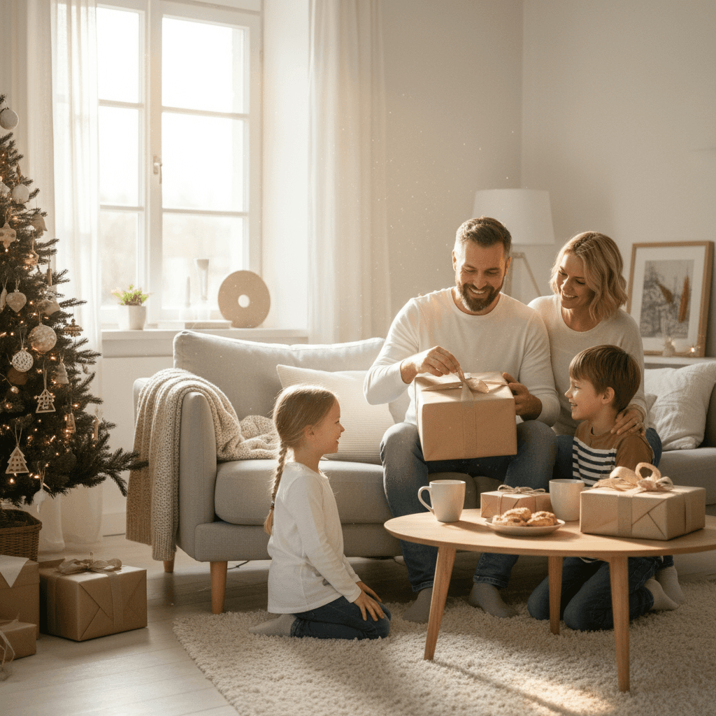 A happy father opening a gift from his family in a cozy Scandinavian living room, morning light.