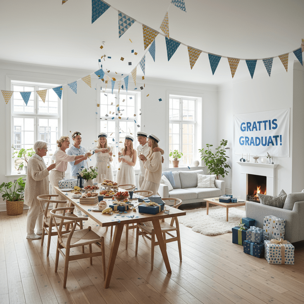 A cheerful graduation celebration with friends and family, vibrant decorations, and gifts in a bright Scandinavian living room, sunlight streaming through the windows.