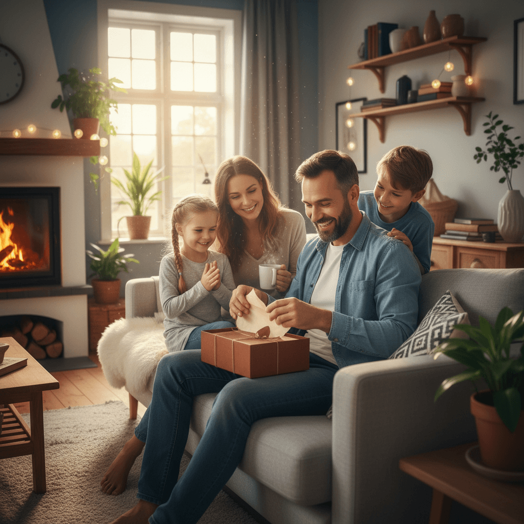 A happy father opening a gift from his family in a cozy Scandinavian living room, morning light.
