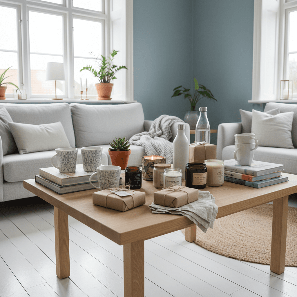 A bright Scandinavian living room with various affordable housewarming gifts beautifully arranged on a table, natural lighting illuminating the items.