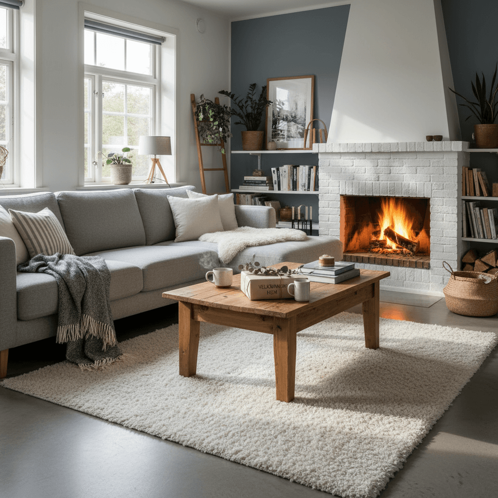 A cozy Scandinavian living room with a beautifully wrapped housewarming gift on a table, natural light streaming in.