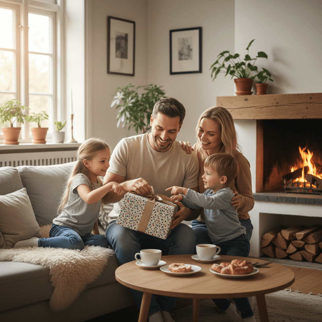 A happy father opening a gift from his family in a cozy Scandinavian living room, morning light.