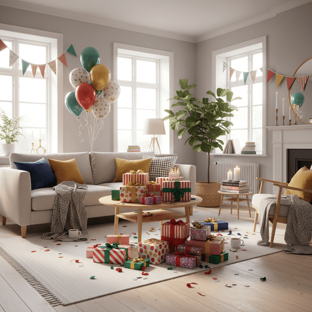 A cozy Scandinavian living room with bright natural lighting, showcasing colorful birthday presents and decorations, a warm and inviting atmosphere.