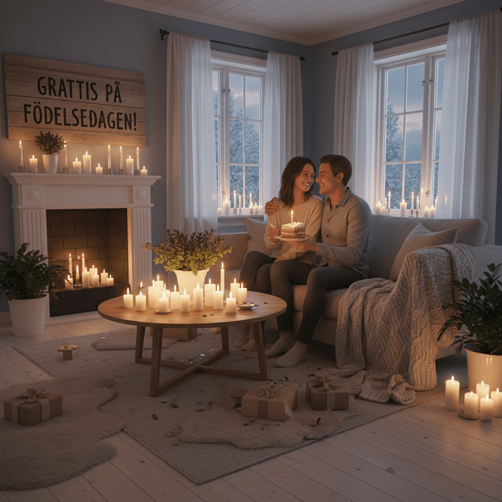 A happy couple celebrating a birthday in a cozy Scandinavian living room, filled with candles and warm lighting.