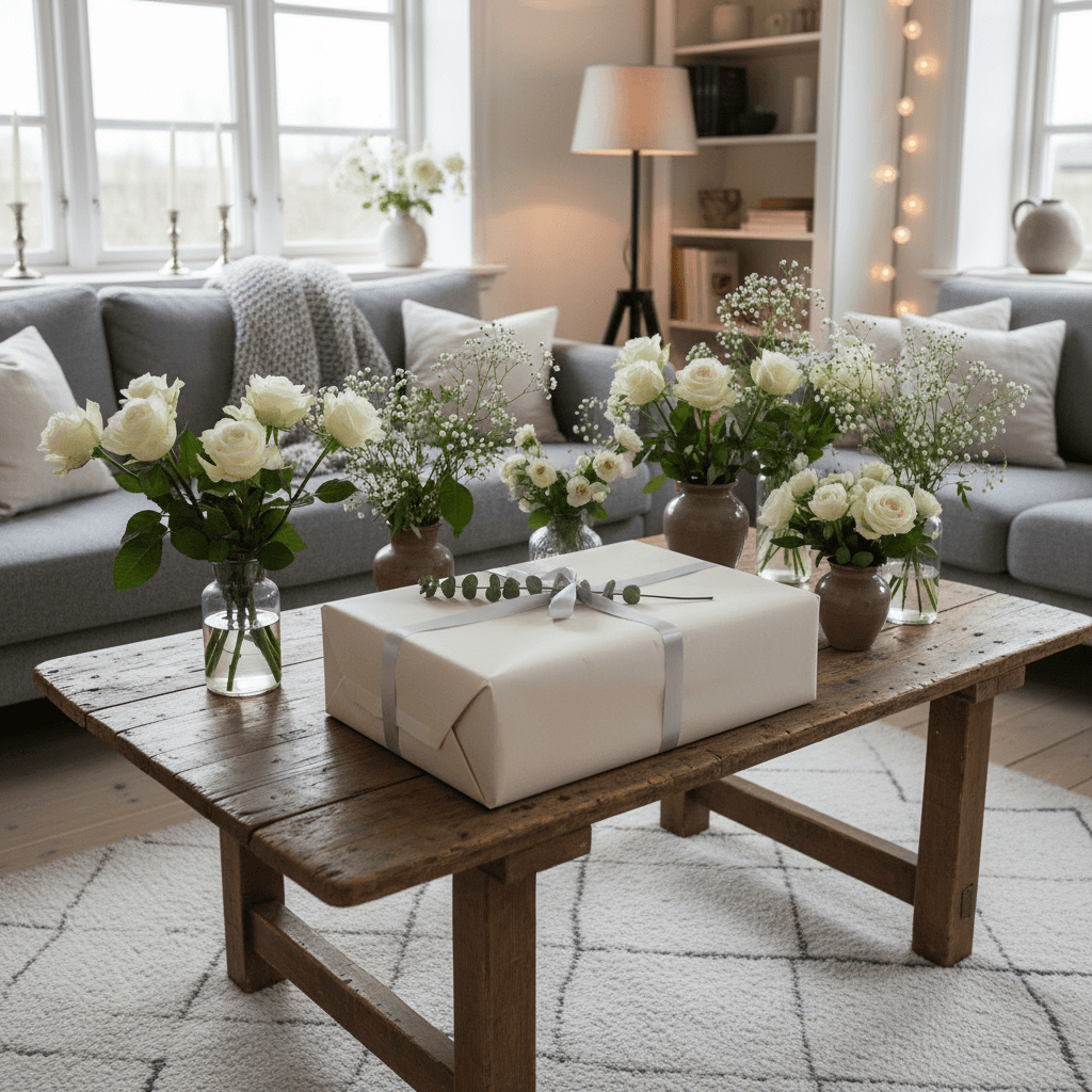 A beautifully wrapped wedding gift placed on a rustic wooden table in a bright, Scandinavian-styled living room, surrounded by flowers and soft lighting.