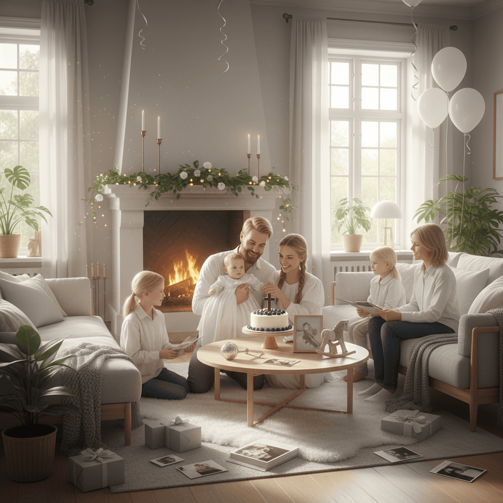 A cozy Scandinavian living room with bright morning light, featuring a joyous family celebrating a baptism with gifts and memories.