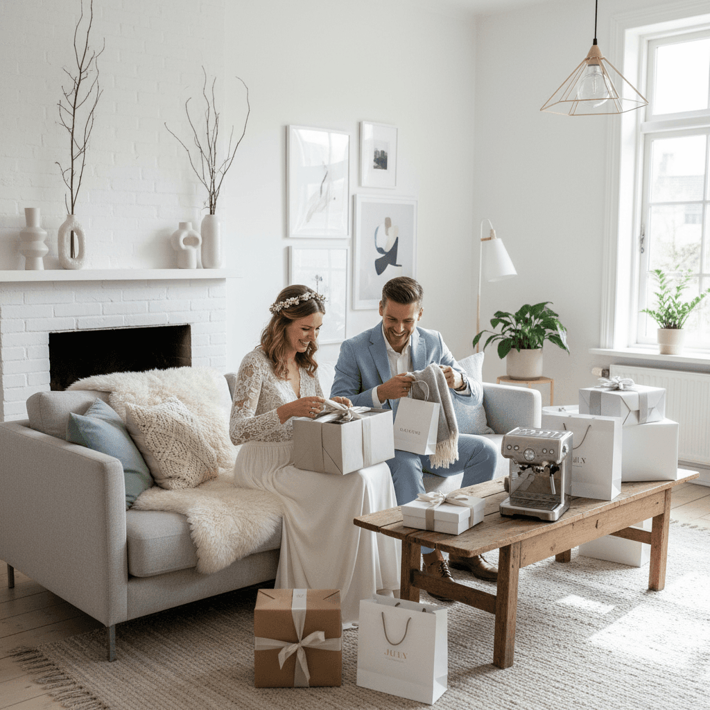 A newlywed couple happily receiving luxury gifts in a beautifully decorated Scandinavian living room, with natural light streaming in.