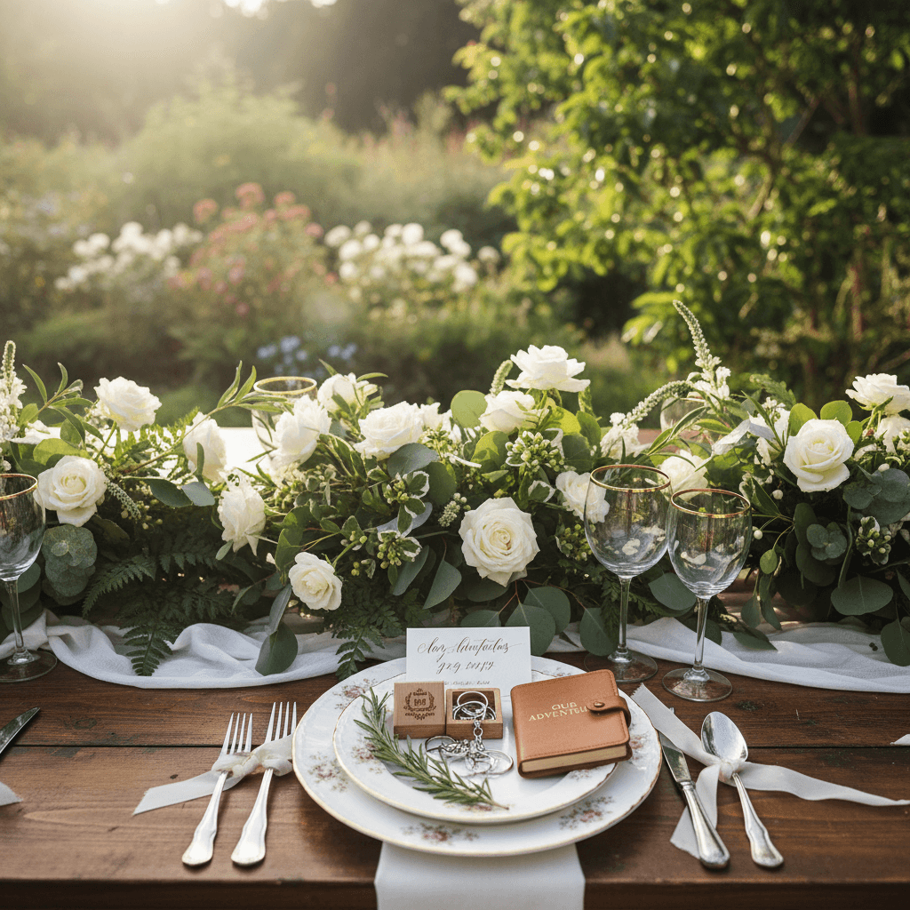 A beautifully arranged table setting with personalized wedding gifts, surrounded by lush greenery and soft morning light.