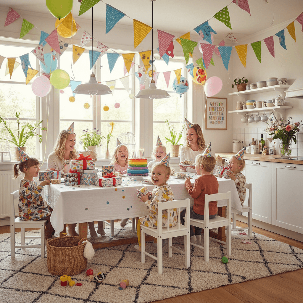 A bright and cheerful kitchen with colorful birthday decorations and gifts, capturing the joy of celebrating a child's birthday in a Scandinavian home.