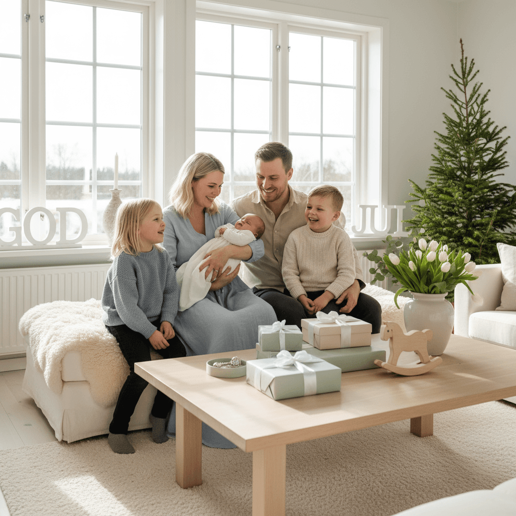 A happy family celebrating a baptism with beautiful gifts in a bright Scandinavian living room, natural light streaming in.