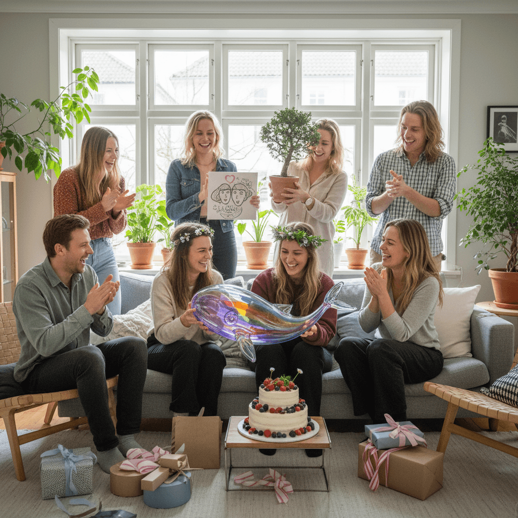 A joyful group of friends celebrating a birthday with unique gifts in a bright Scandinavian living room, filled with laughter and smiles.